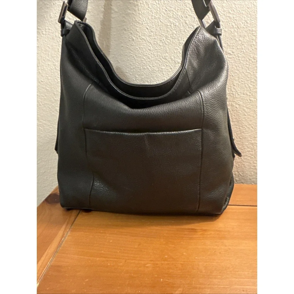 Tahari ASL Black Pebbled Leather Slouchy Hobo Shoulder Bag Adjustable Strap